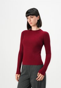 Femme avec les cheveux lisses et foncés, portant un pull côtelé ajusté de couleur rouge foncé et un pantalon gris, se tenant devant un fond blanc uni.