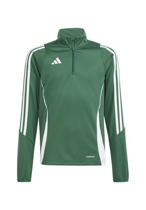 Grüner athletischer Halbzip-Pullover mit weißen Streifen an den Ärmeln, aus leichtem Stoff gefertigt, mit "AEROREADY"-Branding am Saum.