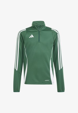 Pull en demi-zip sportif vert, avec des rayures blanches le long des manches, fabriqué en tissu léger avec le logo "AEROREADY" en bas.