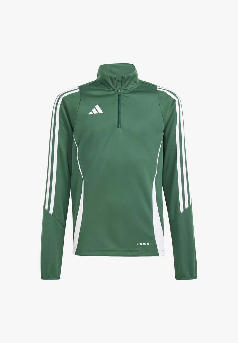 Zelena športna puloverja s polovičnim zadrgo, ki ima bele črte ob rokavih, izdelana iz lahkega materiala z oznako "AEROREADY" na robu.