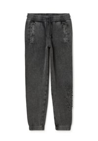 Donkergrijze joggingbroek van zacht materiaal, met elastische tailleband, trekkingkoord, twee voork pocketen en een versleten detail op het linkerpijpen.