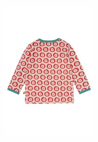 Camicia a maniche lunghe con sfondo crema e motivo ripetuto di volti di leone rossi, rifinita con polsini e dettagli del collo in verde mare.