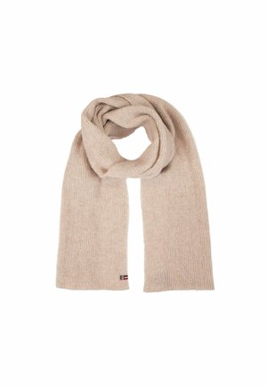Sciarpa a coste beige con texture morbida, caratterizzata da un piccolo logo ricamato vicino al fondo. La sciarpa è lunga e annodata al centro.