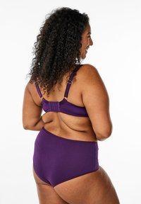 Purple lingerie set featuring a bra with adjustable straps and hook closure, paired with high-waisted briefs, made from soft fabric.