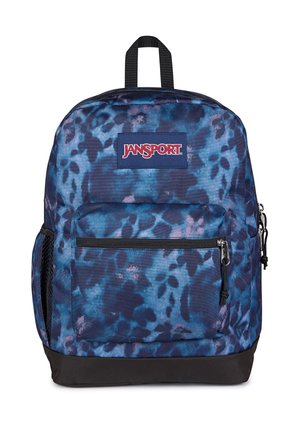 Niebiesko-czarny plecak Jansport z przednią kieszenią na zamek, siatkową kieszenią boczną, czarnym spodem i czarną pętlą do noszenia na górze.