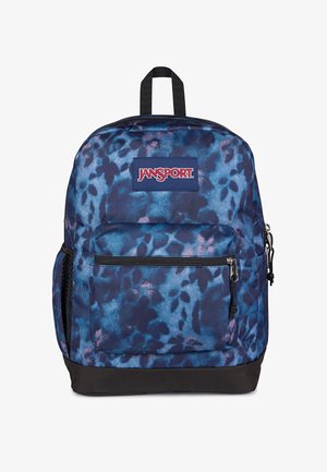 Niebiesko-czarny plecak Jansport z przednią kieszenią na zamek, siatkową kieszenią boczną, czarnym spodem i czarną pętlą do noszenia na górze.