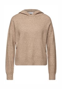 Beiger Kapuzenpullover mit lockerer Passform, überschnittenen Schultern, gerippten Bündchen und Saum, gefertigt aus weichem, strukturiertem Stoff.