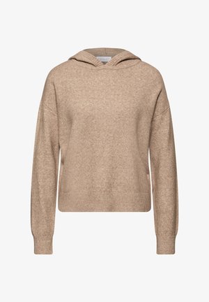 Sweat à capuche beige avec une coupe décontractée, épaules tombantes, poignets côtelés et ourlet, fait en tissu doux et texturé.