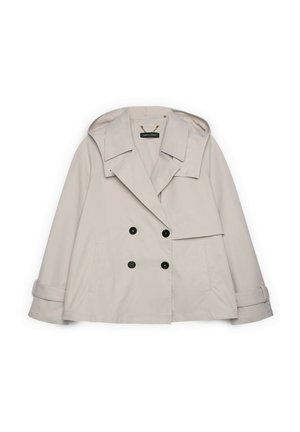 Giacca beige doppiopetto con ampio colletto, cappuccio attaccato, due tasche frontali e polsini con bottoni.