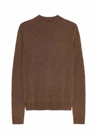 Brauner gestrickter Pullover mit rundem Halsausschnitt, Rippbündchen und -saum, strukturiertem Stoff und langen Ärmeln.