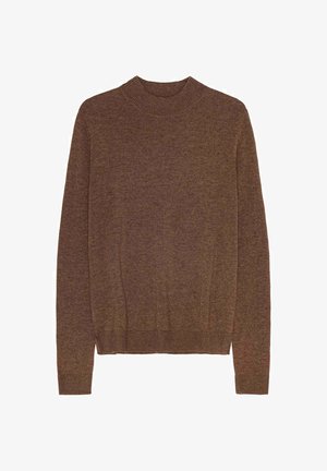 Suéter de punto marrón con cuello redondo, puños y dobladillo acanalados, tejido texturizado y mangas largas.