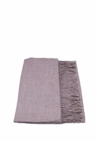 Coperta marrone con frange, di forma rettangolare, texture morbida, materiale tessuto, colore uniforme con un motivo sottile, con frange decorative su un lato.
