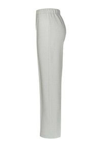 Lichtgrijze, rekbare broeken met een ribbeltextuur en een elastische tailleband. Het ontwerp heeft rechte benen en geen verdere details.