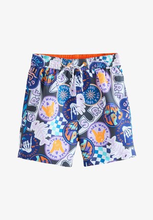 Kolorowe spodenki kąpielowe z żywymi, plażowymi motywami, abstrakcyjnymi wzorami i ściągaczem w pasie. Wykonane z lekkiej tkaniny.