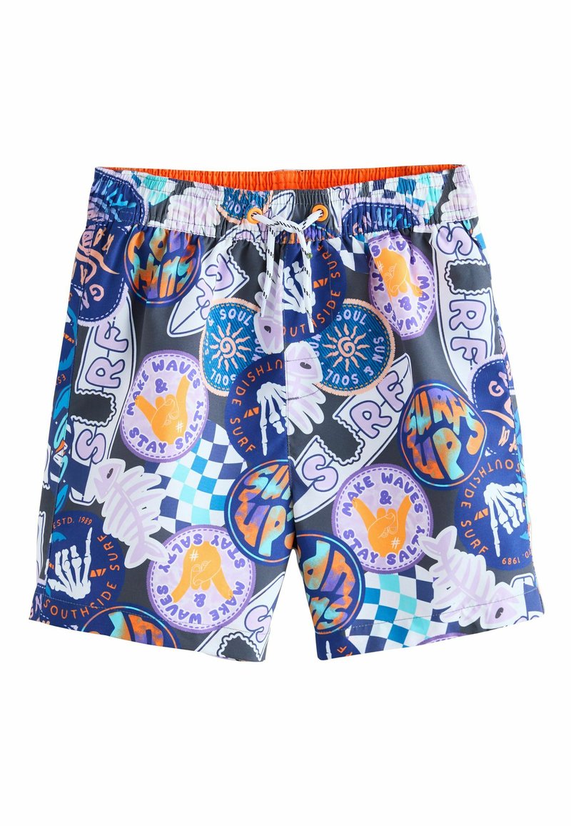 Un short de bain multicolore présentant des motifs vibrants sur le thème de la plage, des motifs abstraits et une ceinture à cordon. Fabriqué en tissu léger.