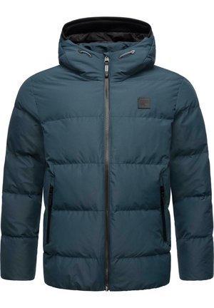 Navy blue padded jacket with a hood, featuring a front zipper, two side pockets, and a textured fabric for insulation. Black interior lining.