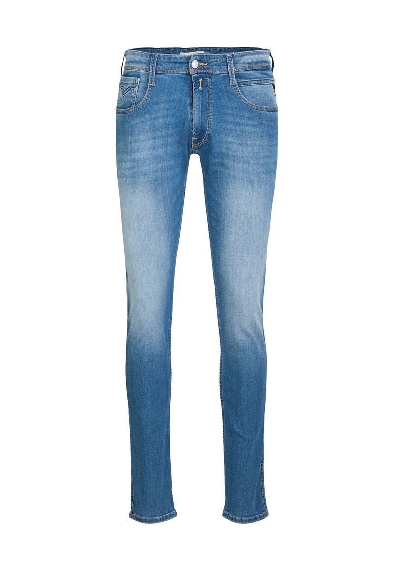 Skinny-fit jeans in lichtblauwe denim. Vervaagde wassing, vijf-pocket ontwerp met zichtbare stiksels, metalen knoop en ritsopening.