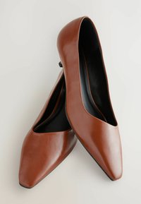 Braune synthetische Lederflats mit spitzem Zehenbereich und tiefem Schnitt an den Seiten, ausgestattet mit einer glatten Textur und schwarzem Innenfutter.