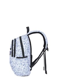 Backpack with a white base and navy blue abstract pattern. Features padded straps and exterior pockets. Made from durable material.