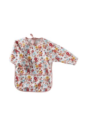 Long-sleeve children's smock with front pocket, featuring a colorful floral pattern in red, yellow, blue, and pink tones, tied at the neck.