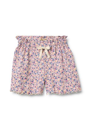 Kinder-Shorts mit elastischem Bund, pink-blauem Blumenmuster, Stoffschleife und Rüschen am Saum auf weißem Hintergrund.