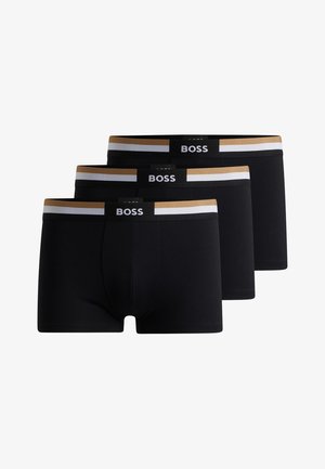 Sorte boxer underbukser i en pakke med tre, med en bred elastisk talje med en kontrasterende guld- og hvidstribe, samt et logo foran.