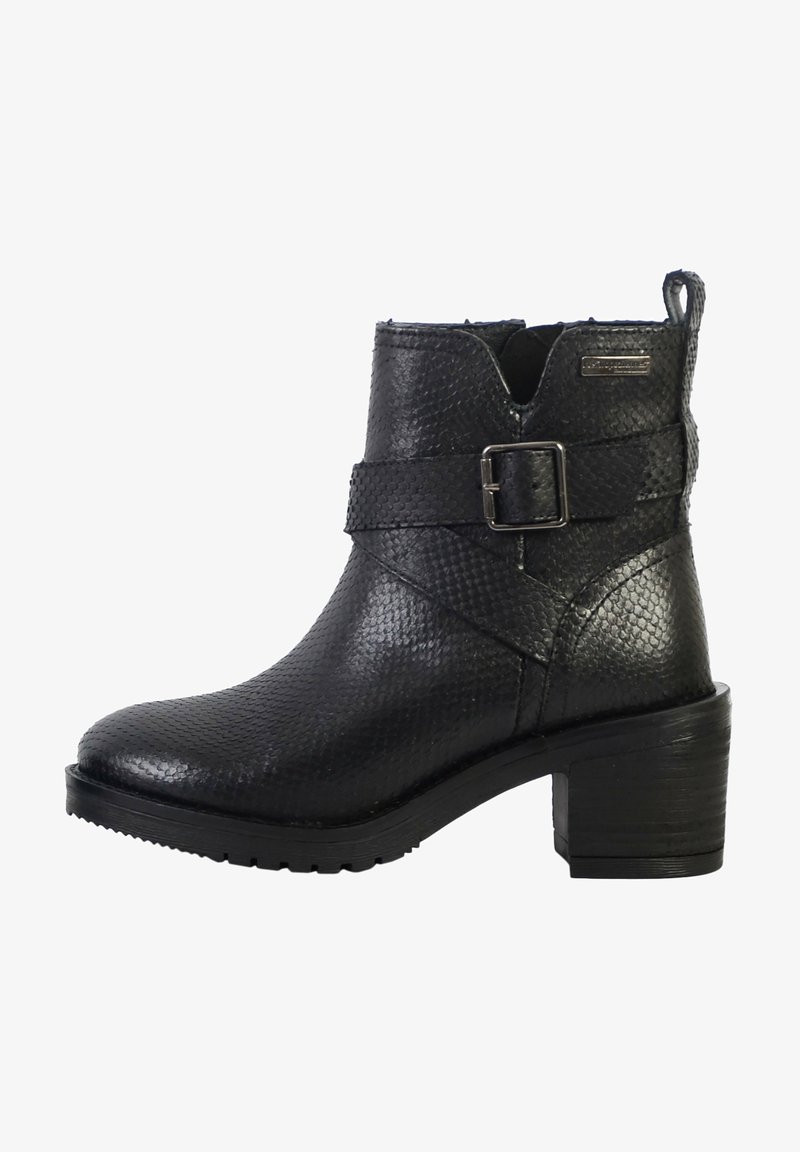 Botín negro hasta el tobillo de cuero texturizado, con un hebilla lateral y un tacón bloque moderado. Diseño con cortes y una suela de goma resistente.
