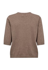Pull tricoté marron à manches courtes avec col rond et poignets et ourlet côtelés, vu de dos sur fond blanc.