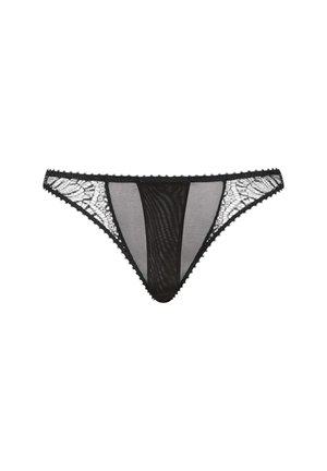 Black sheer mesh and lace women's bikini underwear with floral lace sides and scalloped trim.