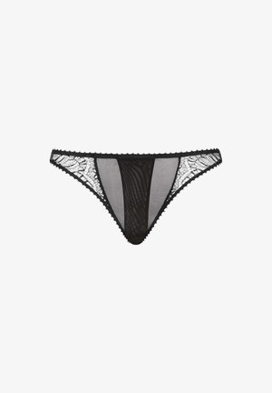 Schwarzer Damen-Bikini aus transparentem Netz und Spitzen mit floralen Spitzeneinsätzen an den Seiten und gezacktem Saum.