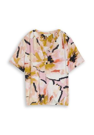 Blouse à manches courtes avec motif floral abstrait en rose, moutarde, noir et blanc, col en V avec détail bouton et ourlet élastique.