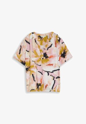 Blouse met korte mouwen en abstract bloemenpatroon in roze, mosterd, zwart en wit, V-hals met knoopdetail en elastische zoom.