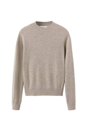 Jersey de cuello redondo beige hecho de lana suave. Presenta mangas largas y un corte relajado, con una textura suave y costuras mínimas.