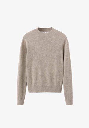 Pull à col rond beige en laine douce. Il dispose de manches longues et d'une coupe décontractée, avec une texture lisse et des coutures minimales.