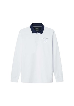 Långärmad polotröja i vit bomull med marinblå krage. Har en logotyp med "HACKETT" och "1 LONDON" tryckt på bröstet.