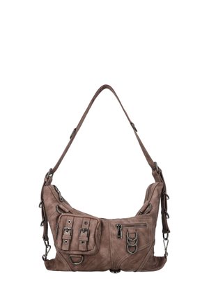 Brązowa skórzana torba na ramię z wieloma przednimi kieszeniami, metalowymi klamrami, pierścieniami i regulowanym paskiem.