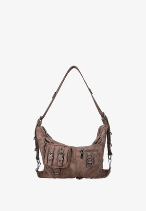 Brązowa skórzana torba na ramię z wieloma przednimi kieszeniami, metalowymi klamrami, pierścieniami i regulowanym paskiem.