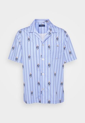 Short-sleeve button-up shirt in light blue with vertical stripes and small printed figures. Features a single chest pocket and soft fabric.