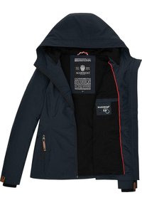 Veste à capuche bleu marine avec intérieur noir, passepoil rouge à l'intérieur, poche zippée, et étiquette Marikoo sur la doublure intérieure et le poignet de la manche.