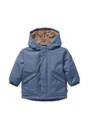 Blauer Wintermantel für Kleinkinder mit Kapuze, gefüttert mit weichem beigefarbenem Kunstfell und zwei vorderen Klappentaschen.