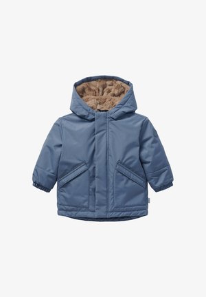Blue toddler winter coat with hood lined in soft beige faux fur and two front flap pockets.