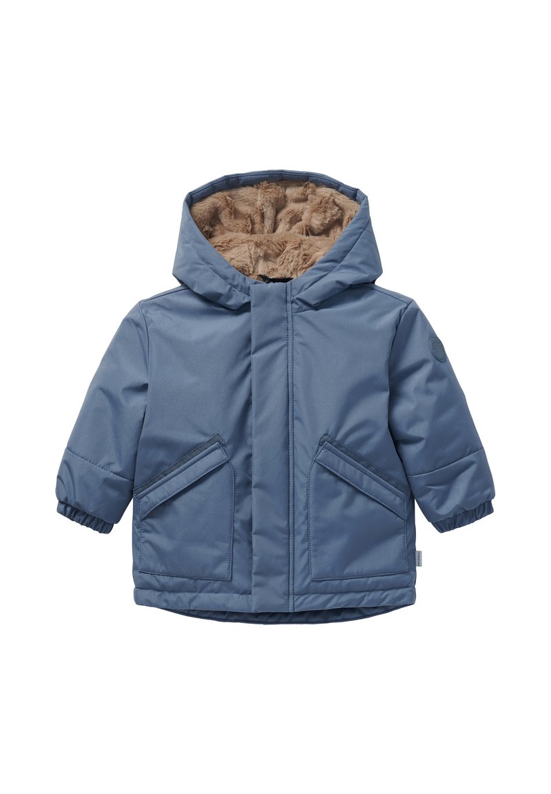 Blauwe winterjas voor peuters met capuchon, gevoerd met zachte beige nepbont en twee voorvakjes met klep.