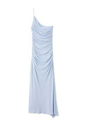 Light blue, one-shoulder evening gown with ruched fabric detailing and a flowing long skirt.