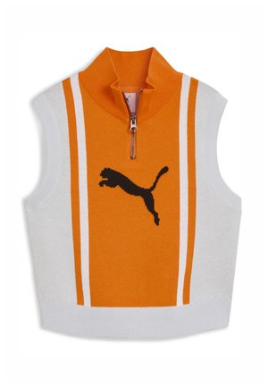 Oranssi neulottu hihaton paita, jossa on korkea kaulus, musta Puma-logo ja valkoiset raidat sivuilla. Vetoketjusulku kaulassa.