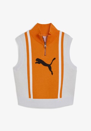Top senza maniche lavorato a maglia arancione con colletto alto, caratterizzato da un logo Puma nero e strisce bianche lungo i lati. Chiusura con zip al collo.