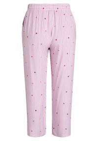 Pink striped pajama pants featuring small red hearts, elastic waistband, and a relaxed fit. Materials have a soft texture.