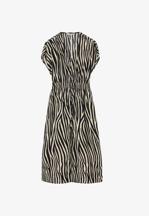 Vestido con estampado de cebra en negro y beige, con escote en V, mangas cortas, cintura elástica y detalles de botones en la parte frontal. Tejido ligero.