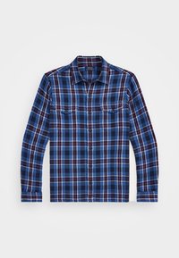 Camicia a quadri in blu, nero e rosso. Maniche lunghe, due tasche sul petto e colletto. Realizzata in tessuto testurizzato.