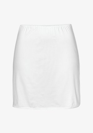 White knit skirt with an elastic waistband and smooth texture, featuring a simple design and a straight cut without embellishments.