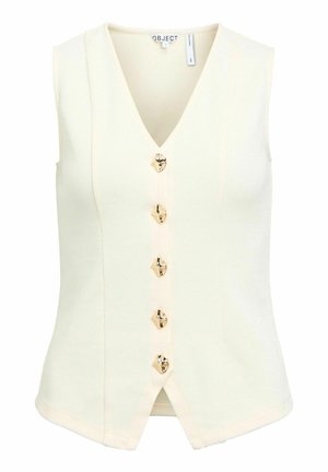 Veste sans manches en tricot couleur crème avec col en V et cinq boutons dorés irréguliers sur le devant.